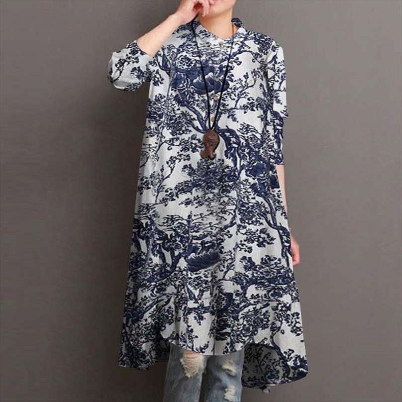 

Zanzea Autumn Asymmetrical Vintage Women Shirts Printed Long Casual Sleeve Blusas Button Tops Tunic, White