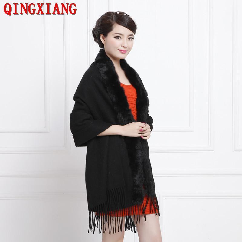 

Scarves 70*200cm Shawl Women Rex Fur Collar Warm Scarf Tassel Cape 2021 Winter Lady Wool Cashmere Cardigan Pashmina Coat, Blue;gray