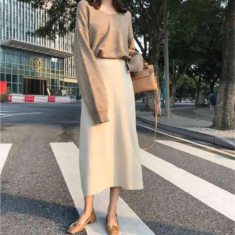 

elegant solid women midi skirts loose wild high waist hip knit skirt bottom leisure ladies skirt office work wear, Black