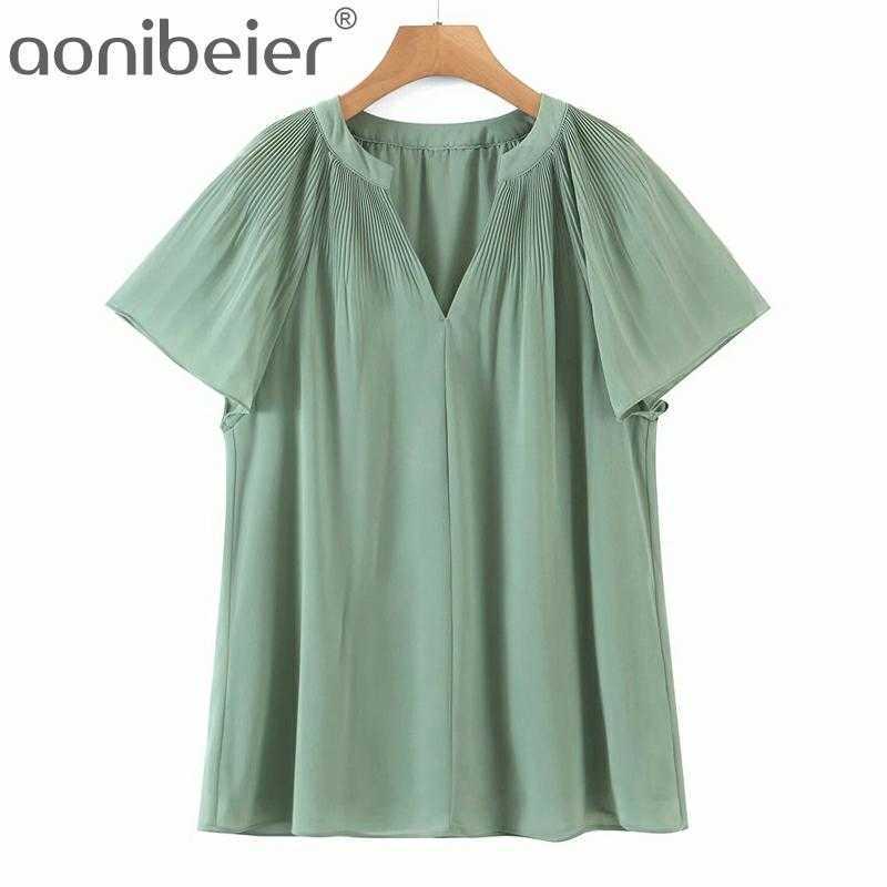 

Women Summer Lightweight Pleated Blouses Loose Tops Short Sleeve V-Neck Female Thin Chiffon Shirts Tunic Shirt 210604