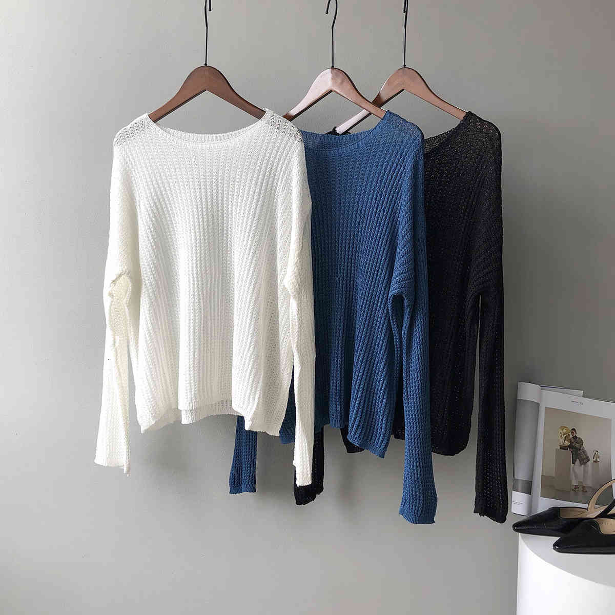 

Women's T-Shirt Hollow Out Round Neck Bottom T-shirt 2021 Spring Casual Solid Knitted Pullovers Korean Loose Trend Top SXZ5, Blue