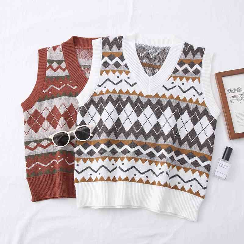 

Spring Autumn Diamond Plaid Sweater Women V Neck Sleeveless Vest Knitted Top Female Korean Vintage Sweaters 210602