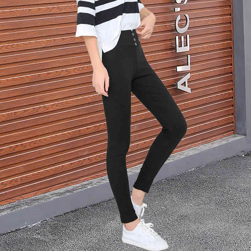 

Women' black Pants Pencil Trousers Spring Fall Button pocke Pants Women Slim Ladies Jean Trousers Female High Waist Pants 210518