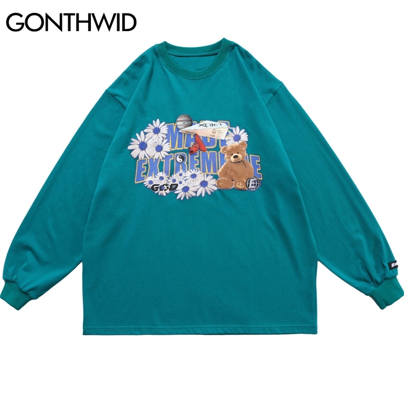 

Harajuku Embossed Daisy Bear Print Long Sleeve Tshirts Streetwear Men Hip Hop Fashion Casual Loose Tee Shirts Tops 210602, White