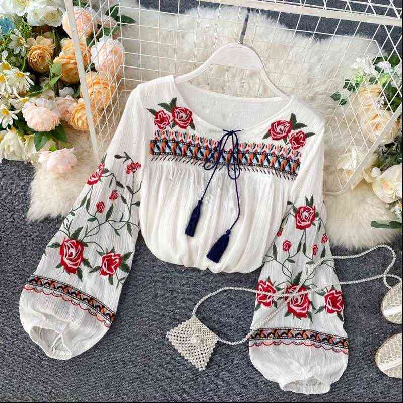 Chemise femme printemps indie folk femmes blouse mode broderie fleurs dentelle dames décontractés décontractés pull loisir