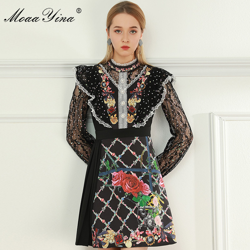 

Fashion Designer dress Summer Women's Dress Ruffles Lace Long sleeve Vintage Floral-Print Black Dresses 210524