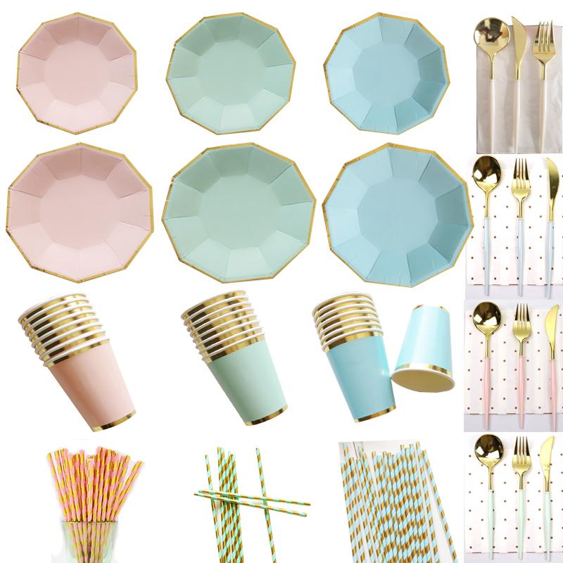 

PCS/Lot Party Paper Plates Cups Pink Gold Happy Birthday Wedding Decoration Baby Shower Tableware Kids Decor Disposable Dinnerware