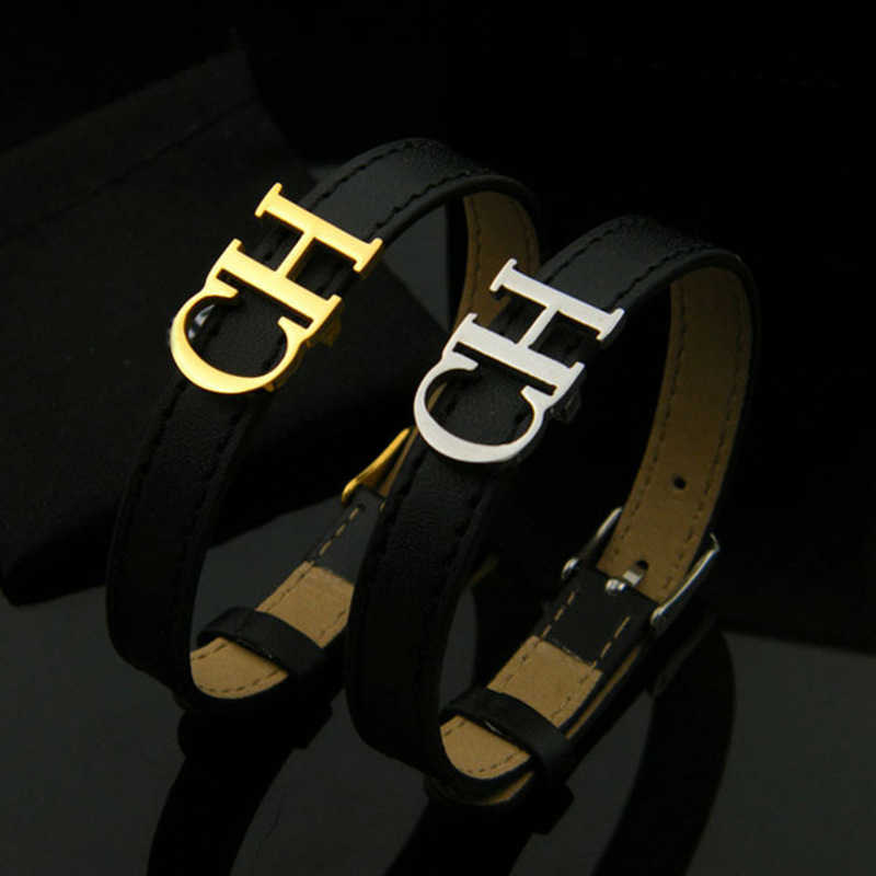 

Black Leather Bracelet Letter Ch Personality Matching Jewelry Ladies and Men Retro Rock Style Q0717