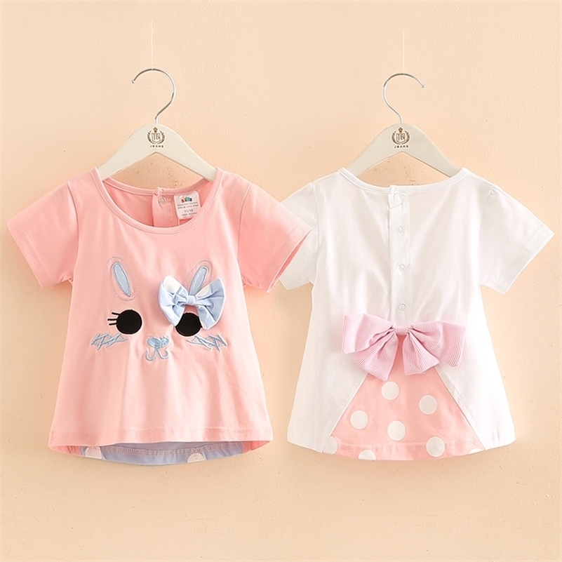 

Kids Clothes Summer 100% Cotton White Pink Cartoon Cat Dot Bowknot Patchwork Short Sleeve O-Neck T-Shirt For Girls 210701