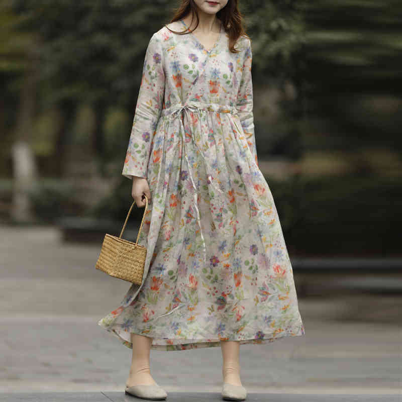 

Johnature Women Bandage High Waist Dresses Print Floral Vintage Robes Spring V-Neck Long Sleeve High Quality Dress 210521, Mixed color