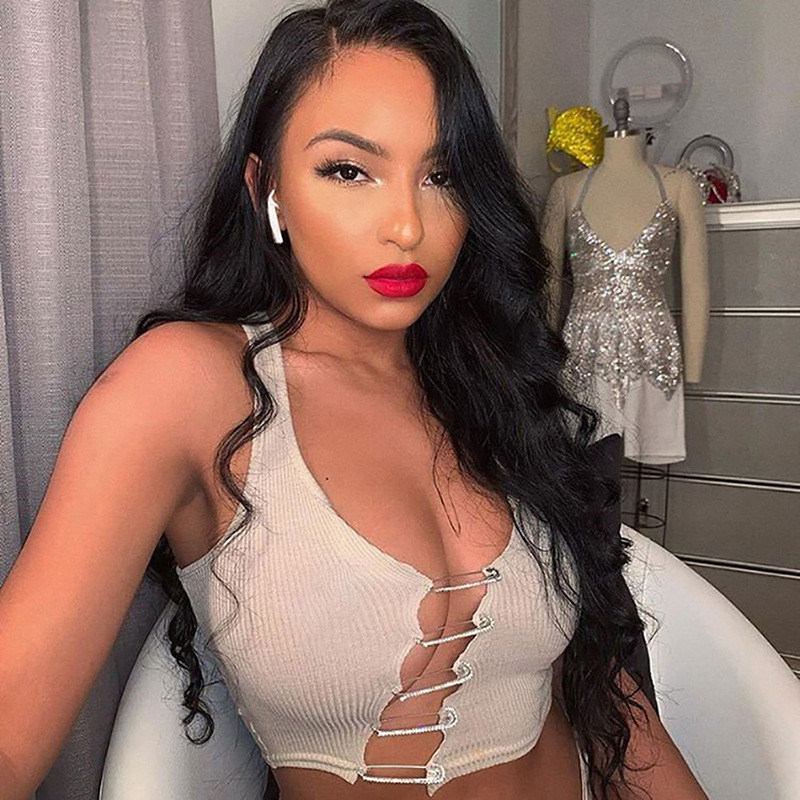 

Sexy Safety Pin Crop Tops Women 2021 Summer White Ribbed Bodycon Cropped Tank Top Woman Tshirts Club Wear