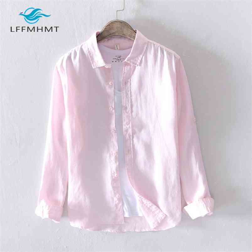 

Men Spring And Autumn Fashion Brand Japan Style Vintage Solid Color 100% Linen Long Sleeve Shirt Male Casual Slim Fit Shirts 210721, White