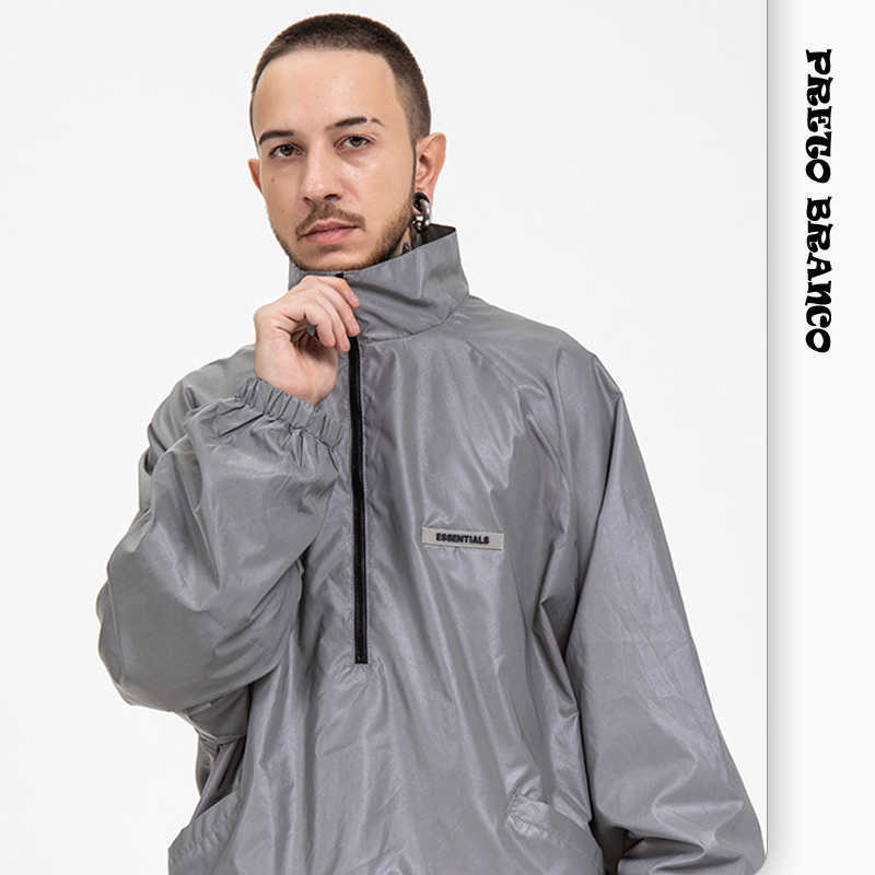 

PRETO BRANCO European and American High Street Fashion Brand Fog Double Line Laser Colorful Nylon Jacket Male Loose H1009, Black