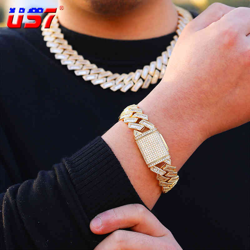 

US7 2021 New Design 20mm Cuban Link Chain Iced Out Baguettes Stones Bracelet&Necklace for Men&Women Trendy Hip Hop Jewelry X0509