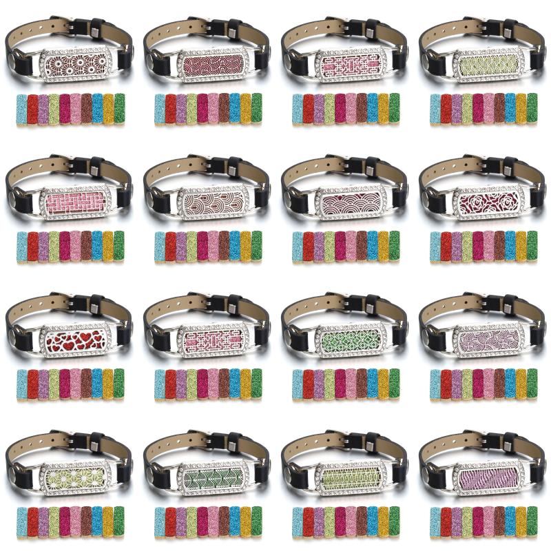 

Charm Bracelets Bracelet Black Pu Leather Essential Oil Diffuser Locket Crystal Charms With 10pcs Pads