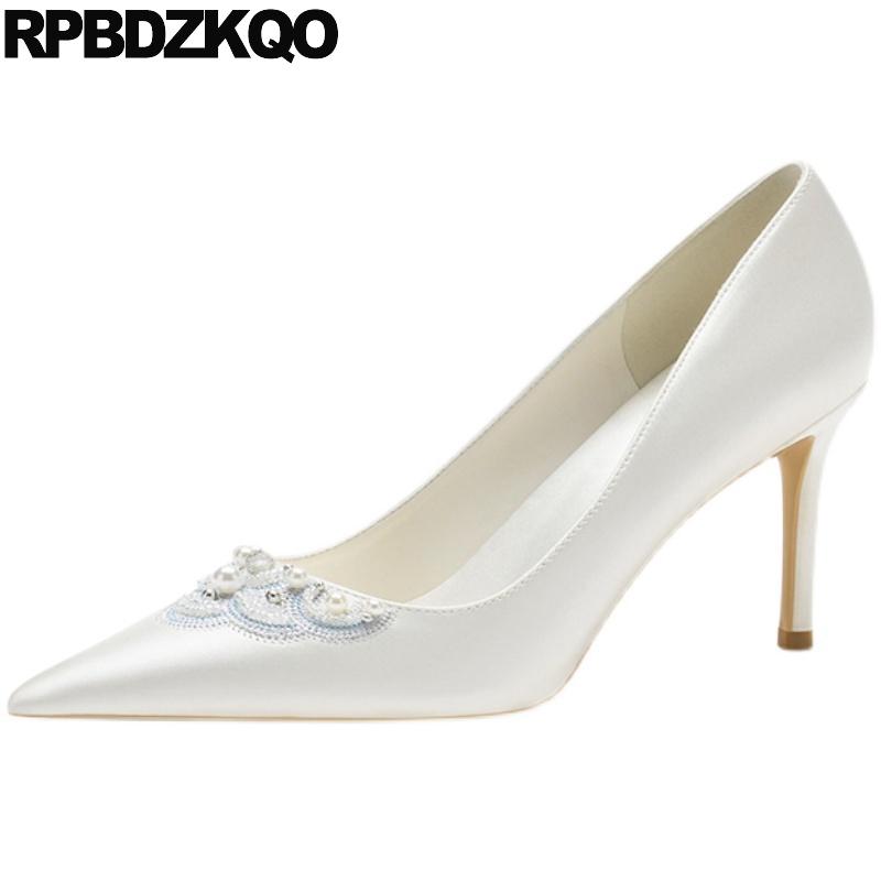 

Dress Shoes Embroidered High Heels Bridesmaid Handmade White Pearl Folk Girls Stiletto Satin Pointed Toe Ivory Wedding Pumps Women 8cm, Black