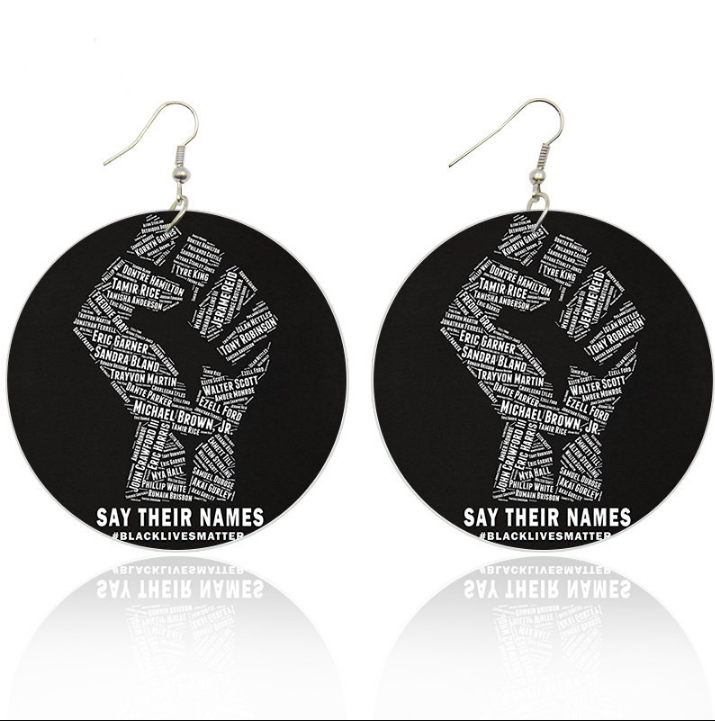 

AprilGrass Printed African Power Fist Wooden Drop Earrings With Black Lives Matters Afro History Figure Names ps1290, Silver