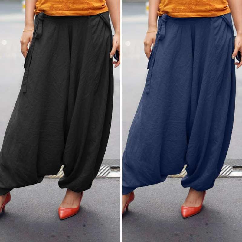 

Women's Pants & Capris Autumn Maxi Harem Female Solid Pleated Wide Leg Femme ZANZEA Casual Elastic Waist Trousers Plus Size 5XL 3Z, Navy