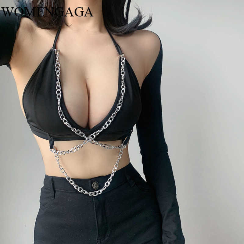 

Summer Black Sexy Womens V Neck Camis Girl Female Chain Fashion Tops Tank Exposed Navel E225 210603, Black tnak