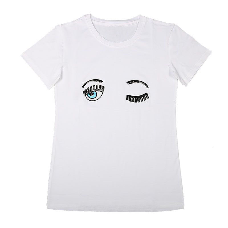 

Women's T-Shirt 100% Cotton Brand Fashion High-end Luxury Summer Eye Lash Sequin Embroidery Short sleeve T-shirt Top YXMM, White