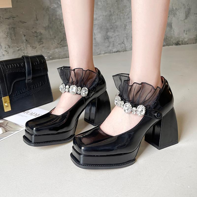 

Dress Shoes Retro Thick Sole Mary Jane Women High Heels 2021 Square Toe Fashion Lolita Woman Student Cosplay Platform, Black