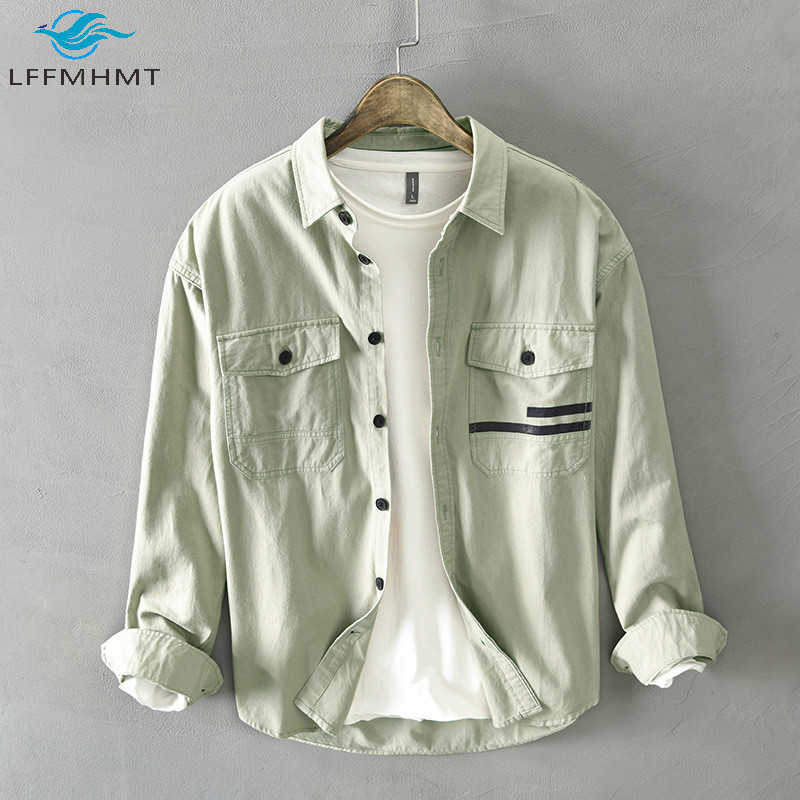 

Men Spring Fall Korean Style 100% Cotton Top Quality Shirt Male Casual Loose Long Sleeve Lapel Tops Double Pocket Trendy Outwear 210628, Black