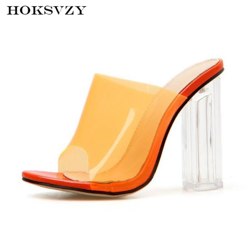 

2021 Women Slippers Block Heels Thick Heel Crystal Sexy Sandals Transparent Women's Shoes ZL, Black