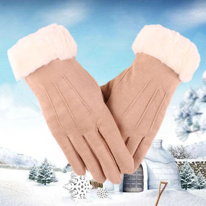 

Five Fingers Gloves Women Plush Winter Warm Thick Outdoor Cold Proof Suede Screen Full Finger Thermal Snow Windbreak Anti-skid Mittens, Blue;gray