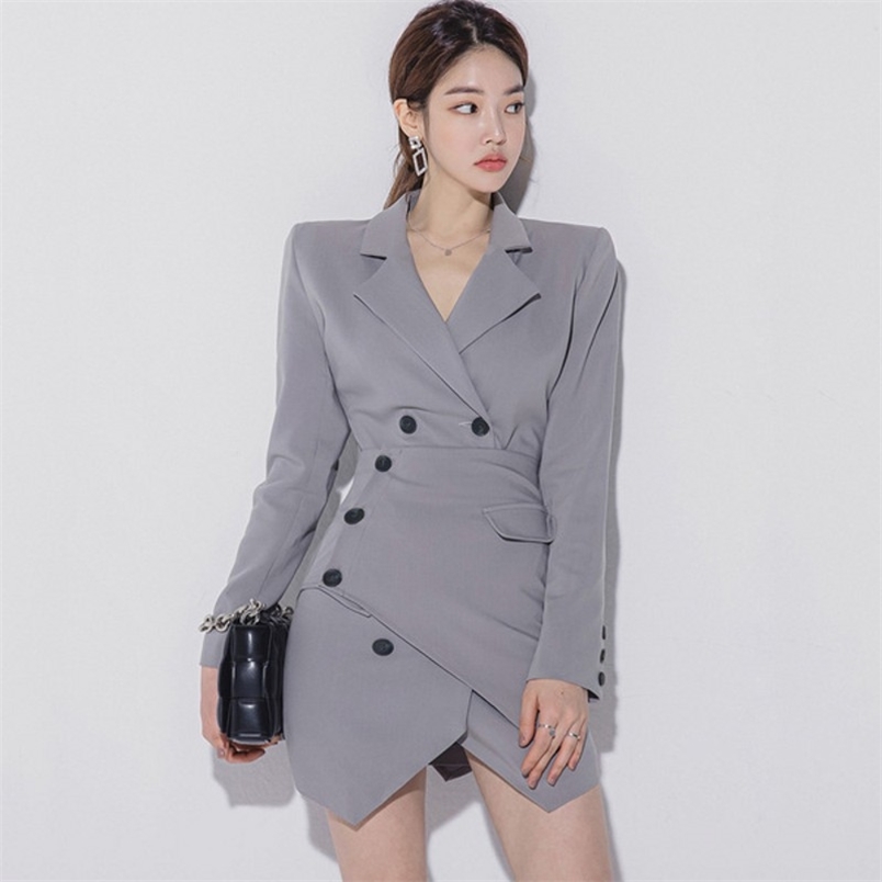

Korean Spring Fashion Office OL Lady Dresses Notched Collar Double breasted Chic Irregular Mini Dress 210519, Photo color