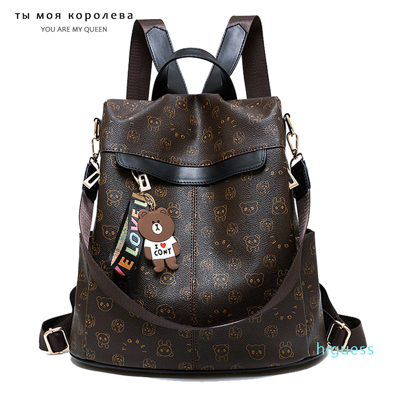 

Designer- Women bags Anti-theft Waterproof Backpack Panda Pattern with Bear Zipper Rucksack Lady PU Leather Women Travel Shoulder Bags, Gold