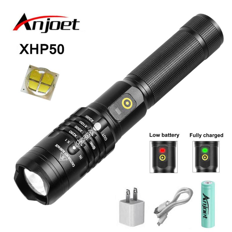 

Anjoet Powerful LED XHP50.2 Ultra Bright Zoom Torch USB Rechargeable With 18650 Battery Flashlights Torches