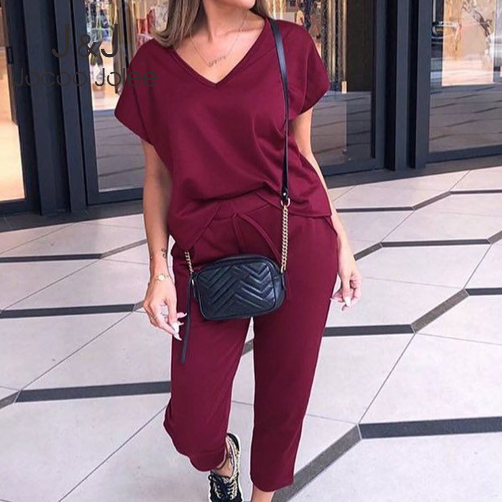 

Jocoo Jolee Solid T Shirt and Calf-length Pants Sets Casual Short Sleeve V Neck Tops Loose Blouse Suits Elegant Pockets Outfits 210518, Burgundy