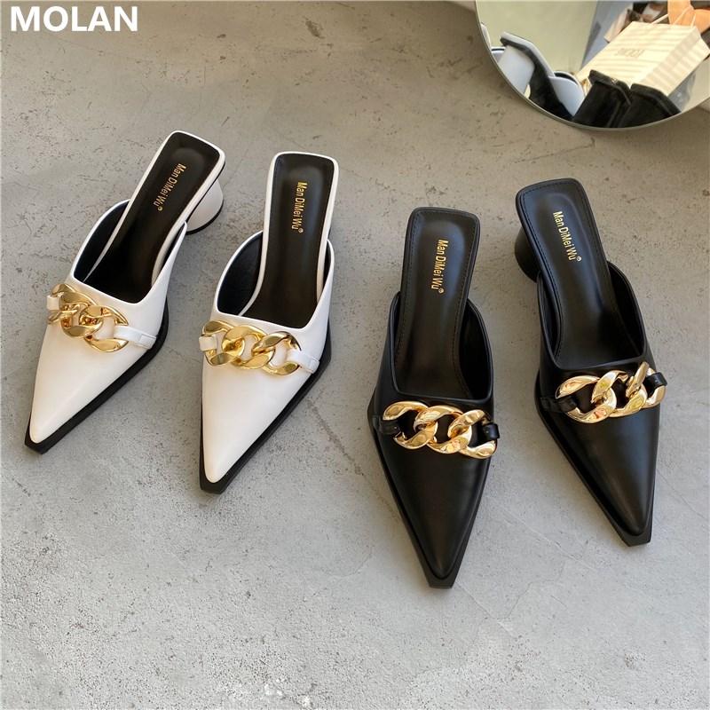 

Brand Designer 2021 Fashion Gloden Chain Round Heels Black White Leather Woman Pumps Socofy Slip On Loafers Footwear Dress Shoes