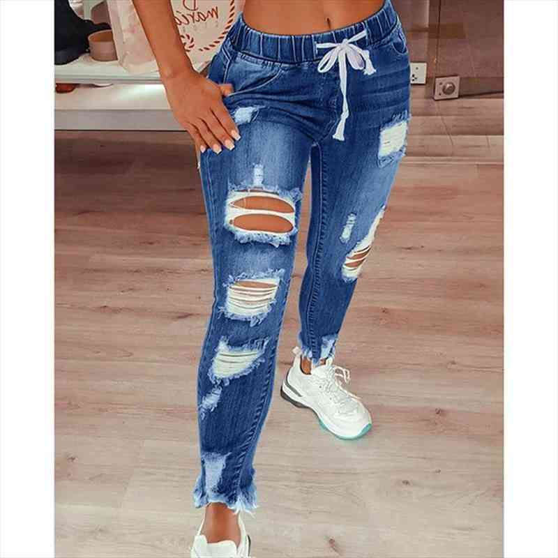 

woman jeans summer thin cargo pants women ripped jeans ladies lace up slim fit cut holes ladies denim trousers high, Black;white