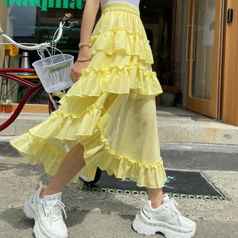 

Skirts Midi Long Womens Maxi Skirt Goth Lolita Summer High Waisted Asymmetrical Low Ruched Ruffle Rok Korean Style, 41cm-white