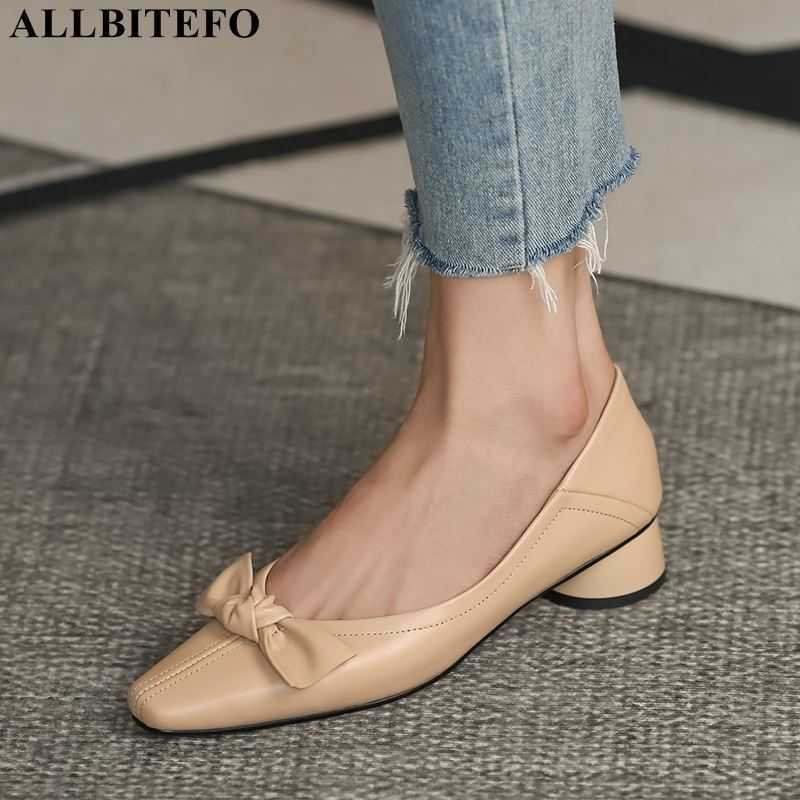 

ALLBITEFO full genuine leather thick heels bowtie office ladies shoes women high heel shoes low-heeled party women shoes 210611, As picture