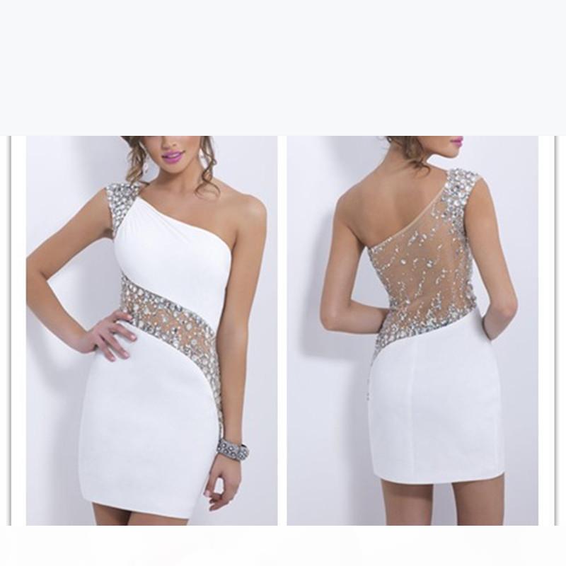 

Sexy white crystals Beading Short Cocktail dresses one shouldersheer back prom dress Sheath homecoming dress evening party gown, Black