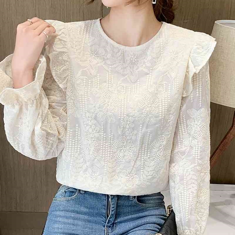 

Spring Long Sleeve Apricot Lace Blouse Shirt Blouse Women Blusas Mujer De Moda O-Neck Embroidery Blouse Tops Blusa E330 210602
