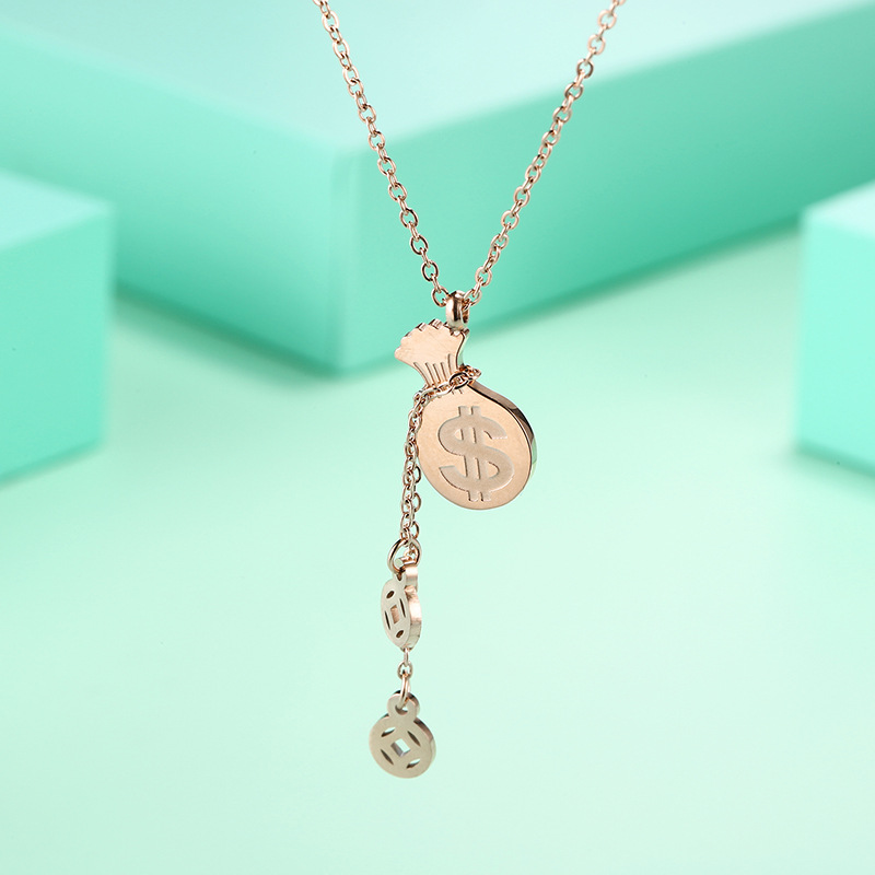 

Beautiful Womens Rose Gold Stainless Steel Dollar Purse Pendant Necklace for Gift