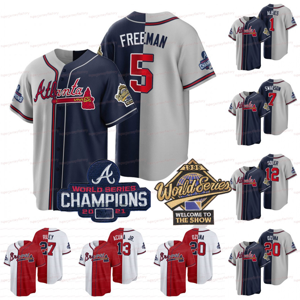 

Freddie Freeman Split 2021 WS Champions Jersey Dansby Swanson Max Fried Ronald Acuna Jr. Alex Jackson Austin Riley Ozzie Albies Eddie Rosario Chipper Jones Soler, Gray navy men s-xxxl