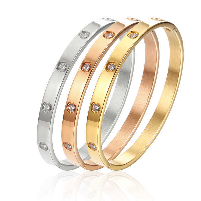 

Fashion Classic Stainless Steel Bangles for Lovers Gold Rose Gold Silver Color Rhinestone Bracelet Cuff Simple Trendy Jewelry Q0719