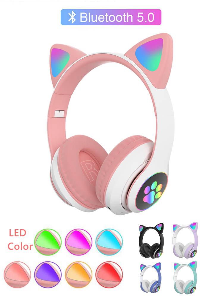 Cat Ears Cute Wireless Helmets Bluetooth Headphone Big Wireless bluetooth Headset LED Kid Girl Helmet Phone Headset Gift Earbud-image-724965923