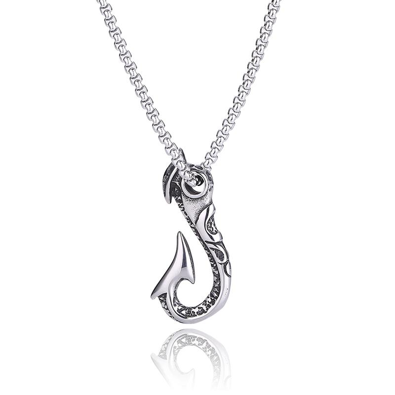 

Pendant Necklaces Fashion Men's Jewelry Vintage Viking Stainless Steel Fish Hook Shape Necklace Punk Hip Hop Accessories SP0872, Silver