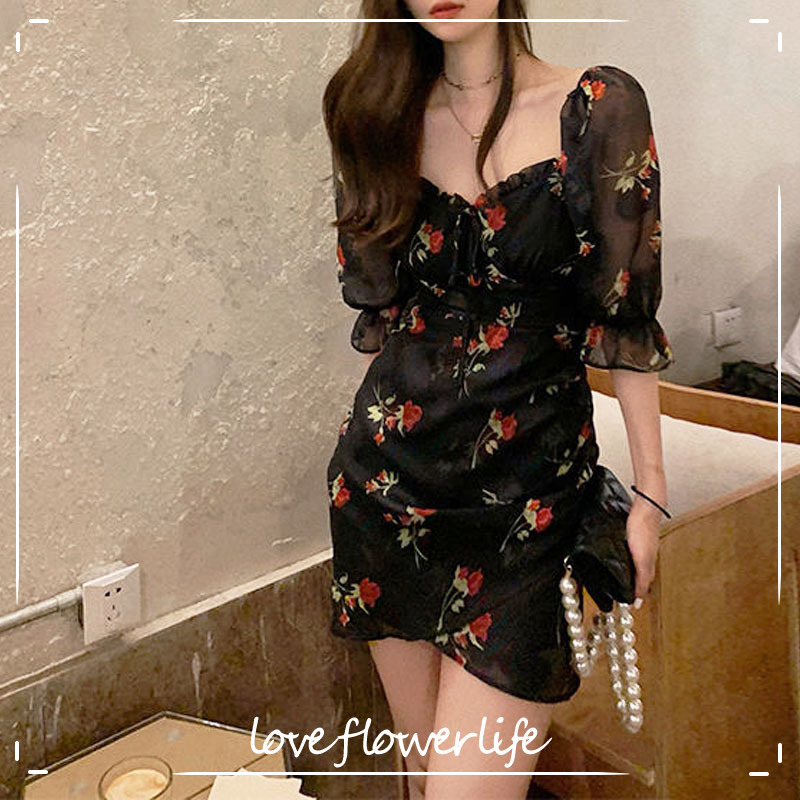 

Korean Style Short Sleeve Floral Printed Dress Women Bandage Design Vintage Sexy Dress Party Evening for Females Summer Y2K 210521, Green