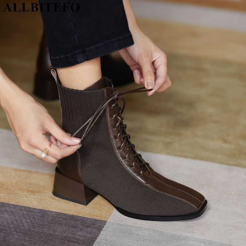 

ALLBITEFO Knitted wool + genuine leather women boots cross tied winter shoes fashion ankle boots motocycle boots high heel shoes 210611, As picture