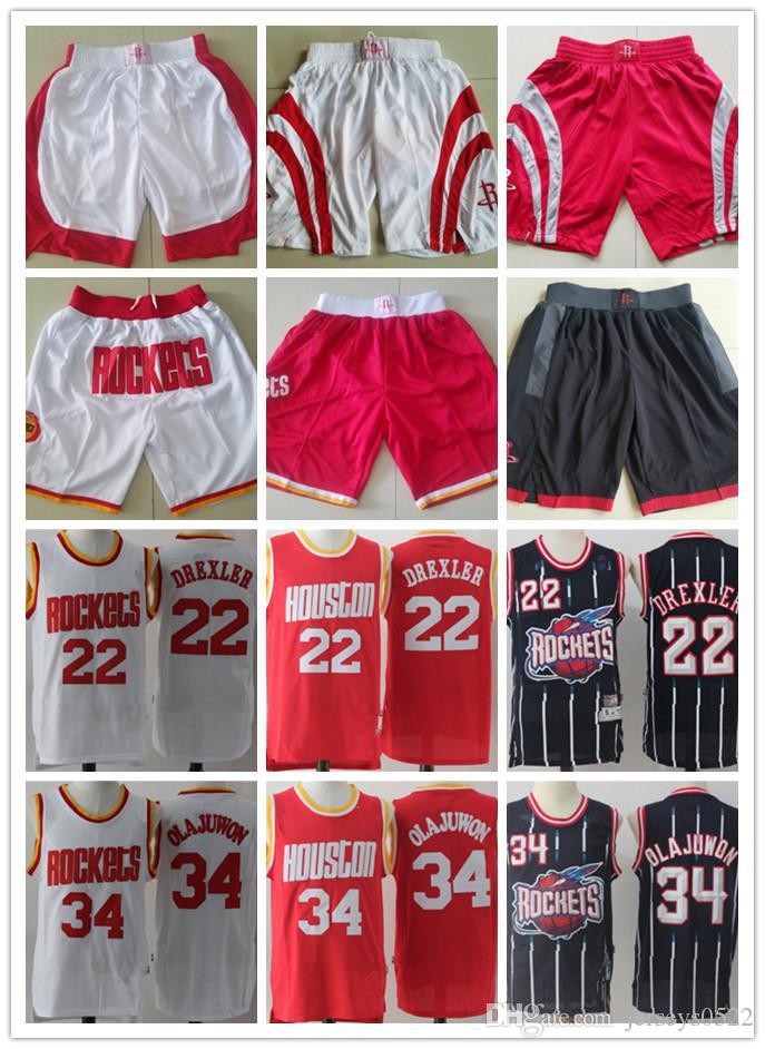 

Mens Houston Rockets Throwback jersey Hakeem 34 Olajuwon Clyde 22 Drexler Basketball Shorts Basketball Jerseys red white blue, Black;red