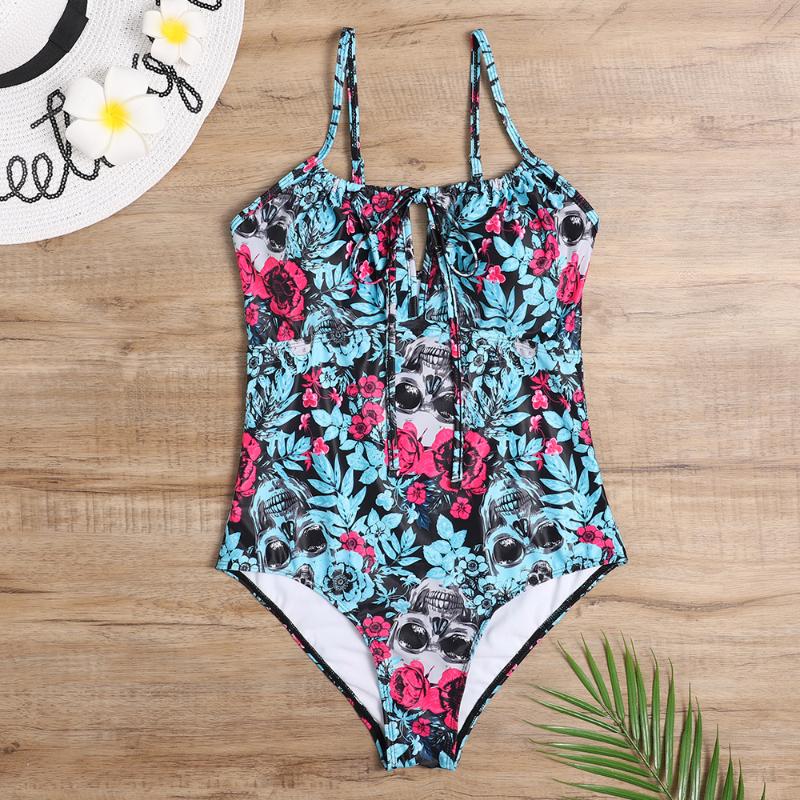 

Women Vintage Swimsuit One Piece Swimwear Skull Printed Bathing Suit Beachwear Bandage Swimming One-Piece Suits