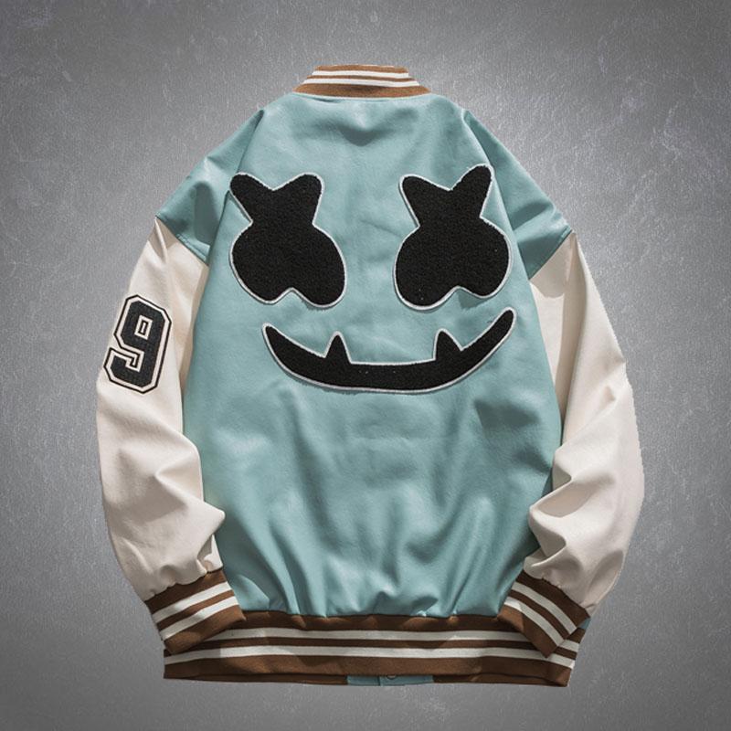 

Men's Jackets 2021 Autumn PU Leather Letter Embroidery Flocking Patchwork Baseball Bomber Motorcycle Jacket Mens Varsity Coats Unisex, Sky blue