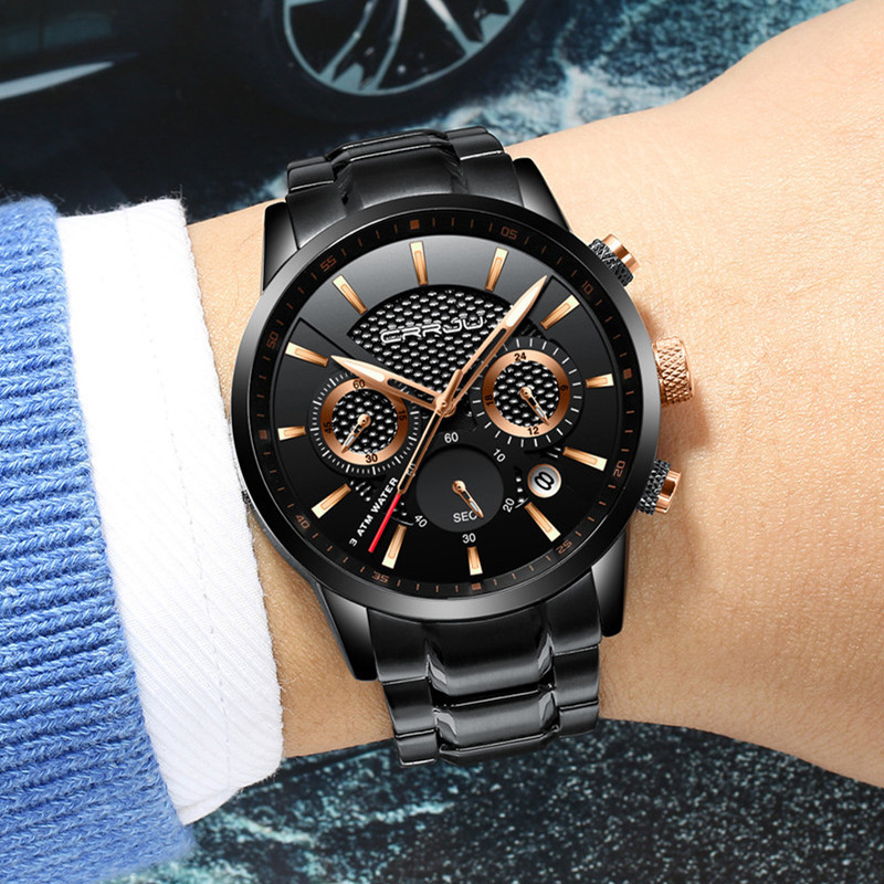 

Relogio Masculino CRRJU Mens Black stainless steel band Luxury Quartz Clock Male Casual Business Calendar Waterproof WristWatch 210517, Blue blue