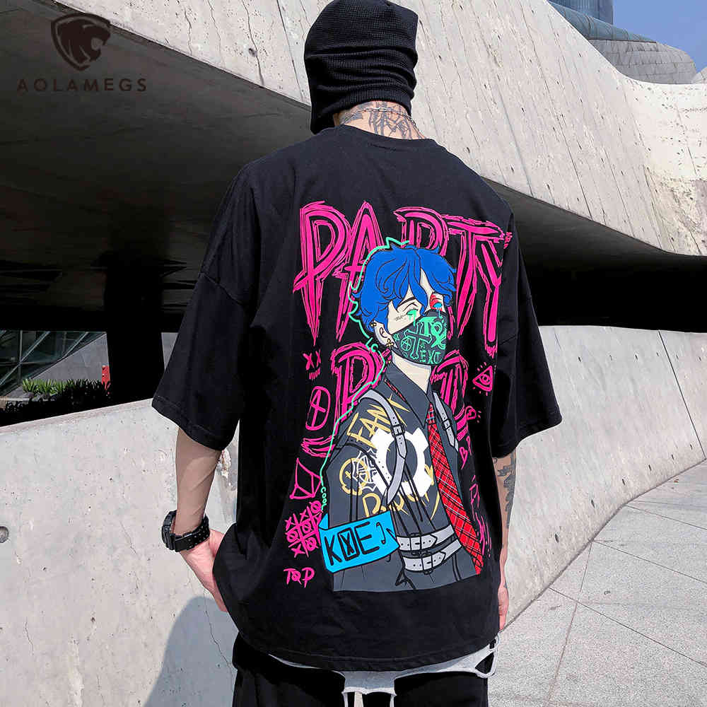 

Men's Polos Aolamegs T-shirt Japanese man anime blue hair print T-shirts letter casual graffiti tops summer hip hop cool streetwear couple, White
